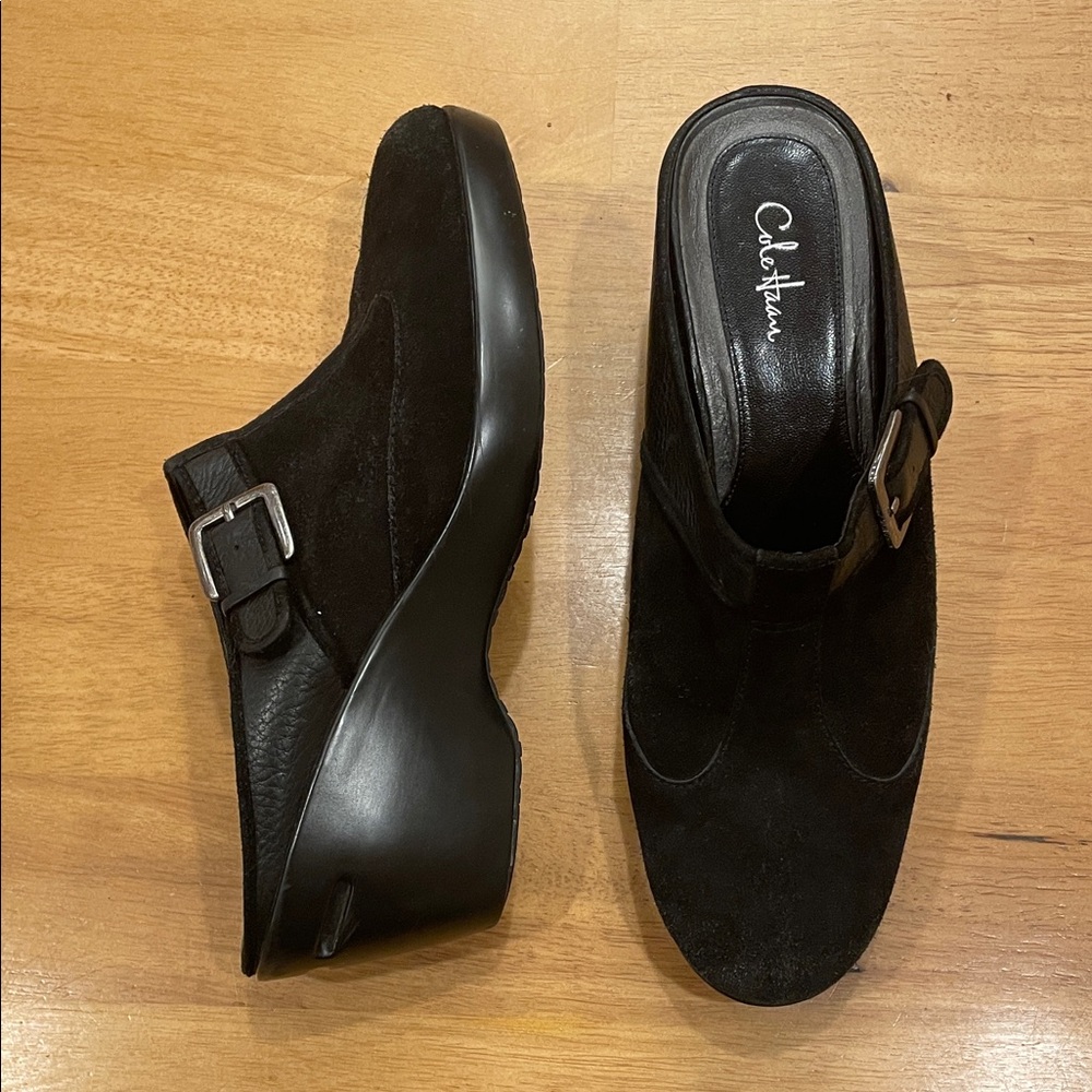 Cole Haan Women’s Black Suede Slip In Wedge Heeled Mules Clog Style Size 10